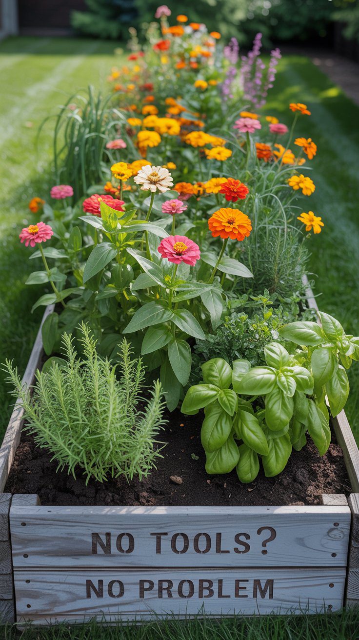 A vibrant raised wooden garden bed bursting with flowers, herbs, and greenery showcases an easy backyard upgrade—no tools needed—perfect for transforming a neatly kept lawn into an inspiring garden retreat.