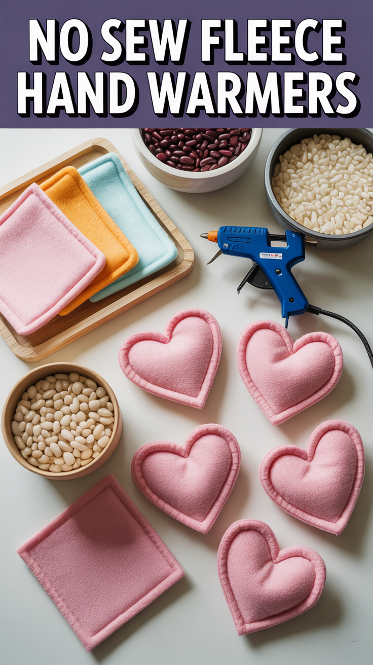 You’re making cute, customizable hand warmers using fleece fabric and rice or beans. These are perfect for keeping your hands warm during chilly days or as a thoughtful gift.