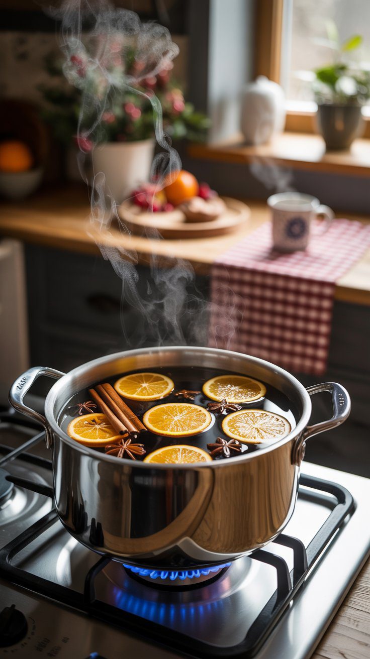 Easy Homemade Stovetop Potpourri Recipe with Citrus, Cinnamon & Star Anise for a Cozy Kitchen Atmosphere.