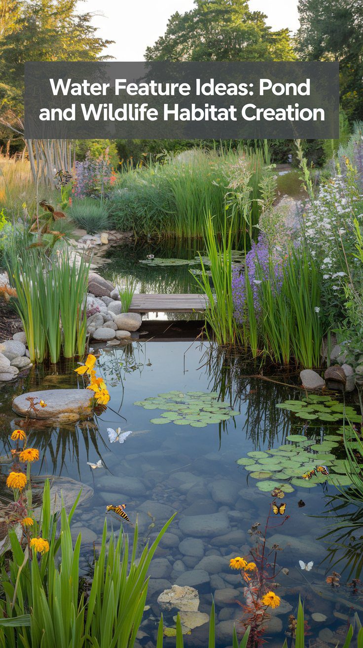 A serene garden pond with lily pads, surrounded by vibrant flowers and tall grasses. A wooden bridge crosses the water. Text overlay reads, Water Feature Ideas: Pond and Wildlife Habitat Creation.