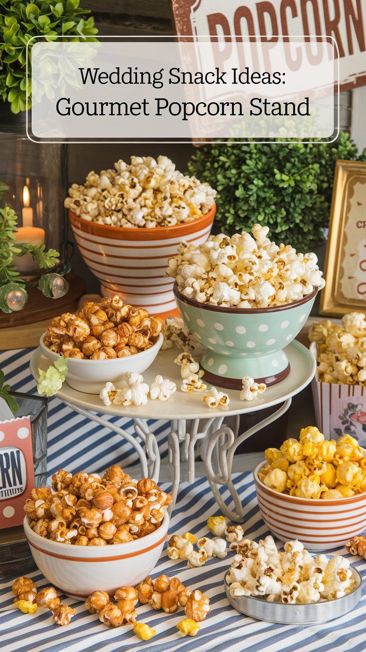 A gourmet popcorn display features bowls of flavors like caramel and cheddar on a table with a striped cloth. A sign reads Perfect Wedding Snacks: Gourmet Popcorn Stand, surrounded by decorative elements and a lit candle.
