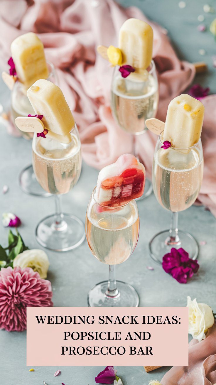 Glasses of prosecco with popsicles are creatively displayed on a table, surrounded by pink and purple flowers. A sign reads, Wedding Snack Ideas: Popsicle and Prosecco Bar. Pink cloth adds a stylish backdrop, making it the perfect touch for any festive wedding occasion.