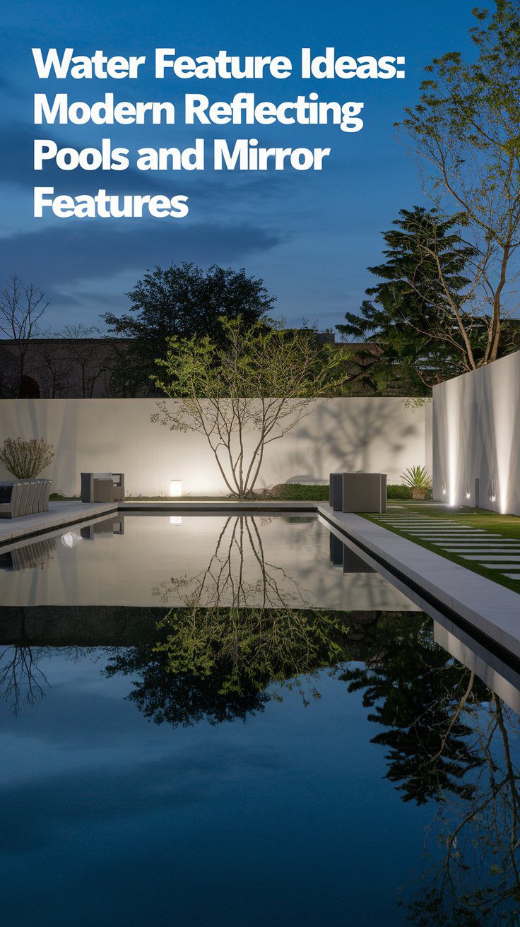 A modern outdoor setting with a reflecting pool beside a lawn and minimalist landscaping, including trees and shrubs. White walls surround the area, and the scene is illuminated by subtle lighting against an evening sky. Text reads: Water Feature Ideas: Modern Reflecting Pools and Mirror Features.