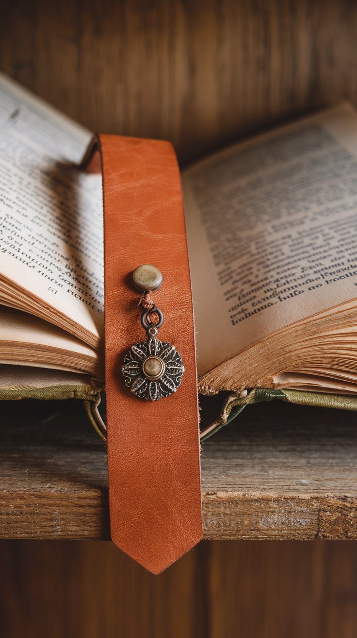 An open book lies on a wooden shelf, highlighted by a creative bookmark with a brown leather ribbon, featuring a decorative metal button and an ornate pendant. The pages appear aged, emphasizing the bookmarks intricate design—a perfect personal touch for any book lover.