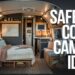 Interior view of a cozy small camper, featuring a neatly made bed with pillows and blankets, a framed map on the wall, and a compact kitchen area. Spruce up your space with these game-changing design tips for decorative cushions. Large text reads Safe and Comfy Camper Ideas.
