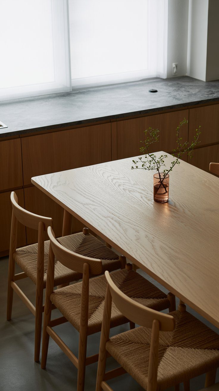 Modern Minimalist Kitchen Design Ideas: Light Wood Dining Table, Woven Chairs & Natural Decor for Bright, Airy Spaces.