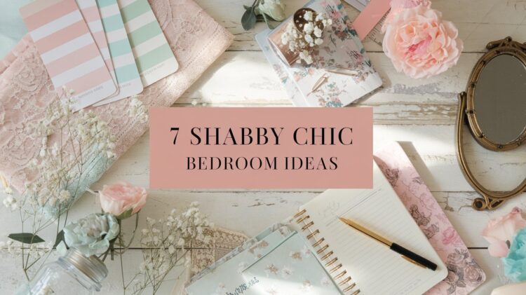 A flat-lay of shabby chic decor items showcases lace fabric, pastel swatches, flowers, a vintage mirror, and a floral notebook with a pen. In the center, text reads 7 Shabby Chic Bedroom Ideas for transforming your space into a cozy retreat.
