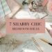 A flat-lay of shabby chic decor items showcases lace fabric, pastel swatches, flowers, a vintage mirror, and a floral notebook with a pen. In the center, text reads 7 Shabby Chic Bedroom Ideas for transforming your space into a cozy retreat.