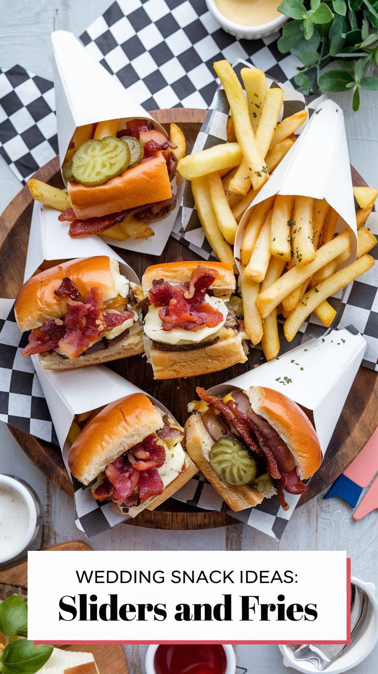 Top view of a wooden platter featuring sliders topped with bacon and pickles, alongside servings of fries in charming paper cones. A checkered paper lines the tray. Text at the bottom reads: Wedding Snack Ideas: Sliders and Fries – perfect wedding snacks for your special day.