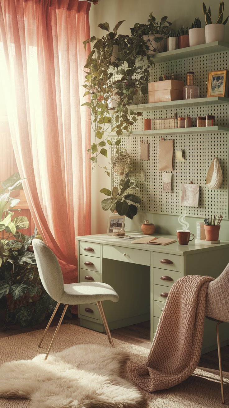 Step into a serene home office designed for ultimate productivity. A light green desk paired with an organized pegboard sets a focused tone, while a cozy chair covered with a beige blanket invites relaxation on a fluffy rug. Soft pink curtains allow sunlight to stream in, enhancing the tranquil ambiance enriched by lush potted plants.