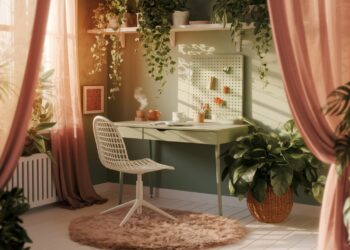 A charming small home office features a green desk and white chair on a shaggy rug, surrounded by lush greenery that boosts productivity. A pegboard neatly organizes notes, while sunlight streams through pink curtains, creating a cozy and inviting atmosphere.