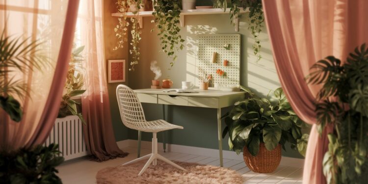 A charming small home office features a green desk and white chair on a shaggy rug, surrounded by lush greenery that boosts productivity. A pegboard neatly organizes notes, while sunlight streams through pink curtains, creating a cozy and inviting atmosphere.
