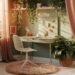 A charming small home office features a green desk and white chair on a shaggy rug, surrounded by lush greenery that boosts productivity. A pegboard neatly organizes notes, while sunlight streams through pink curtains, creating a cozy and inviting atmosphere.
