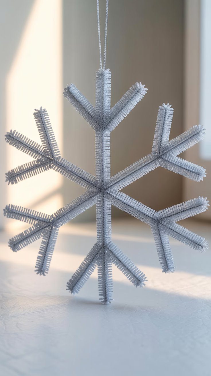 A handmade white pipe cleaner snowflake dangles from a string in gentle daylight, sparking ideas for DIY snowflake crafts.