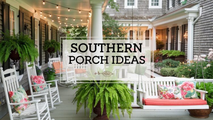 A charming porch with white rocking chairs, floral cushions, a swing, and lush hanging ferns. String lights hang above, and a sign reads Southern Porch Ideas. This Southern decor showcases classic wooden details and an inviting garden backdrop that truly steals the show.