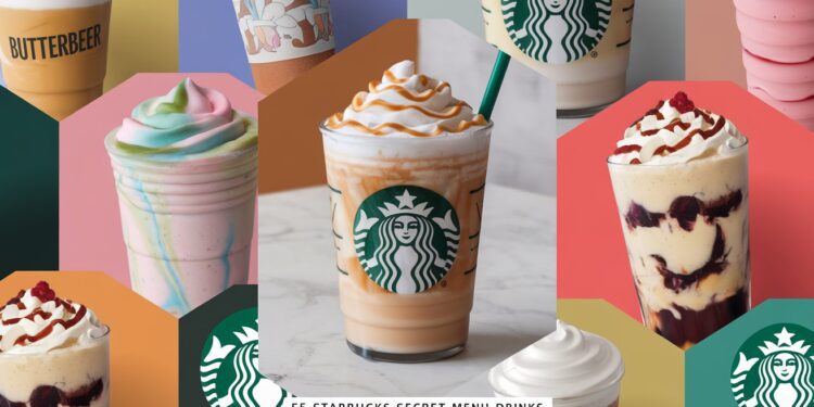 A crave-worthy collage of Starbucks drinks, each topped with whipped cream and colorful toppings, encircles a central iced delight in a clear cup with the iconic Starbucks logo. A label teases 55 Starbucks Secret Menu Drinks.