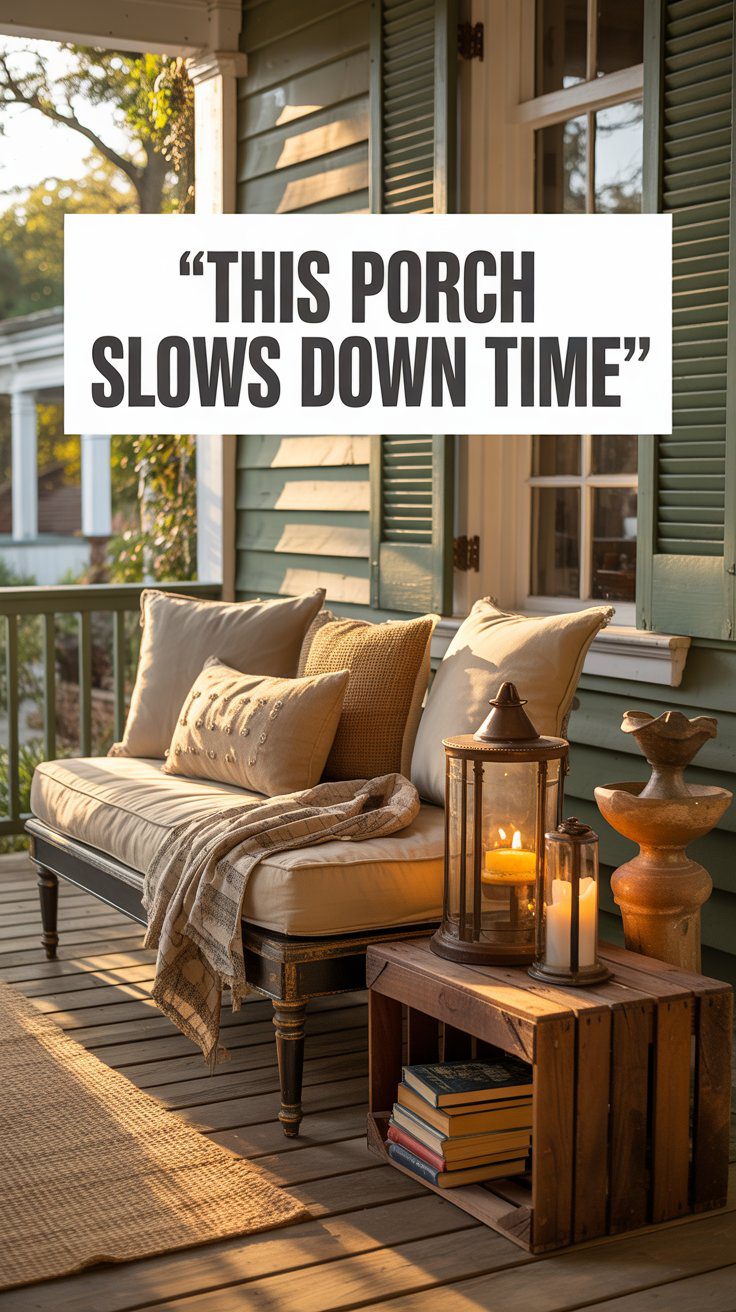 Experience the timeless charm of a classic Southern porch—where cushioned benches, soft pillows, flickering lanterns, and the gentle sounds of a fountain invite you to slow down and savor every moment.