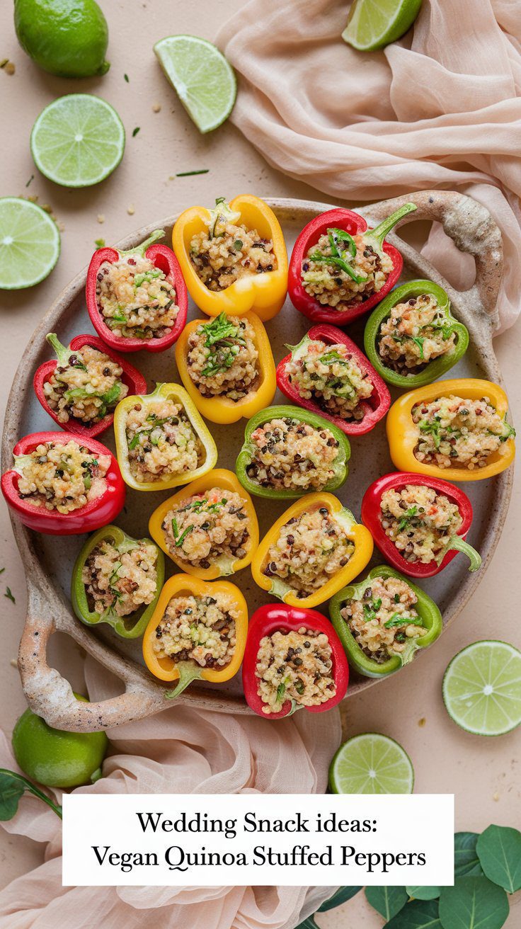 A platter of vibrant red, yellow, and green bell peppers halved and filled with quinoa, garnished with fresh herbs. Lime halves are artfully scattered amidst beige fabric. Text overlay reads, Perfect Wedding Snacks: Vegan Quinoa Stuffed Peppers.