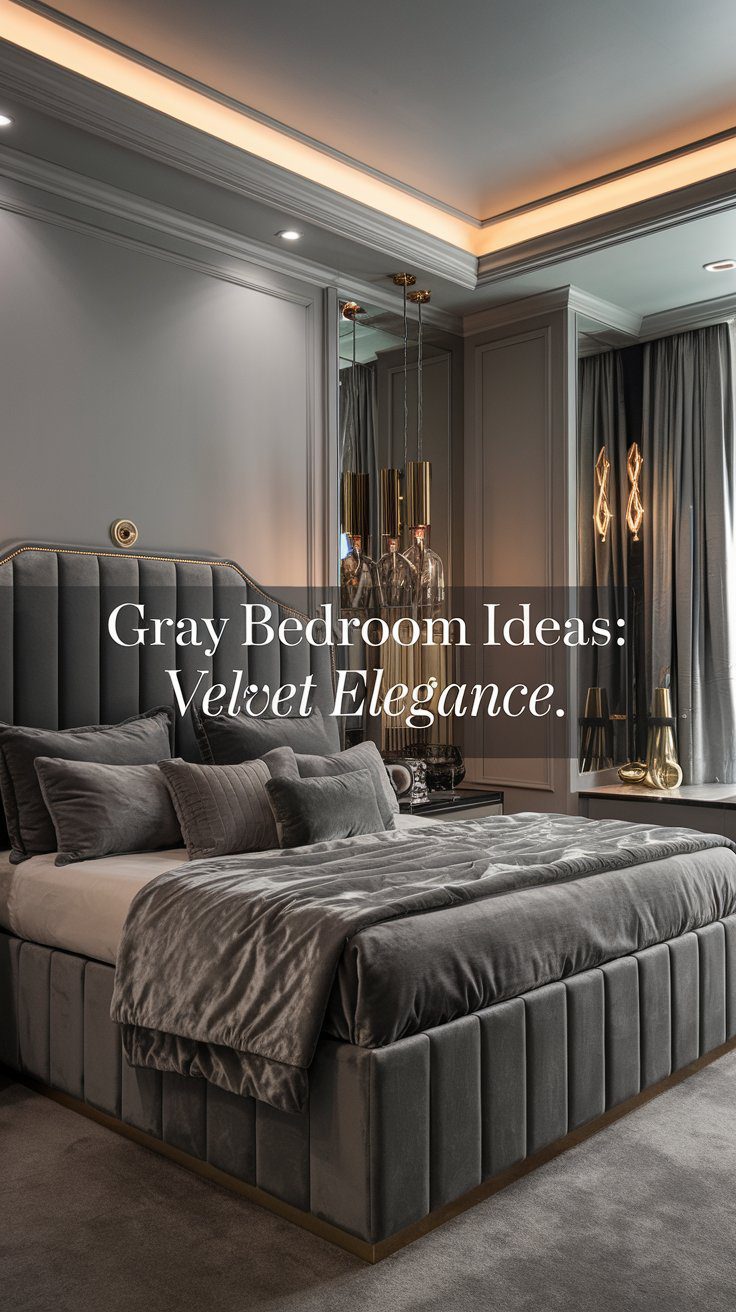 A luxurious bedroom features a gray velvet bed with plush pillows and a comforter. Elegant gold and glass pendant lights hang overhead. The walls and ceiling are soft gray, enhanced by warm ambient lighting that creates a cozy retreat. Text reads: Gray Bedroom Ideas: Velvet Elegance.