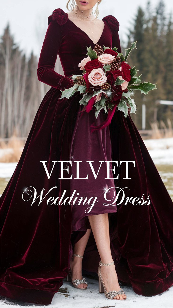 A woman in an elegant crimson velvet winter wedding dress stands outdoors, holding a bouquet with red and pink flowers and holly. Her dress features long sleeves and a deep neckline, perfectly suited for a warm celebration amidst the snow and trees. Text reads VELVET Wedding Dress.