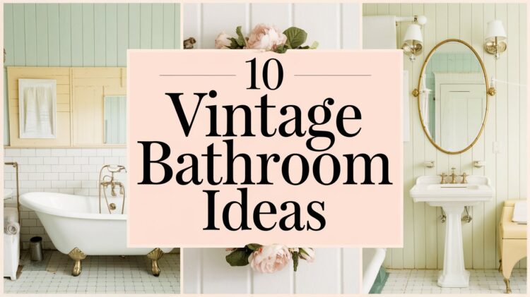 Collage of timeless vintage bathroom decor ideas, showcasing a clawfoot bathtub, floral accents, and a classic pedestal sink with an oval mirror. Text reads 10 Vintage Bathroom Ideas on a soft pink background.