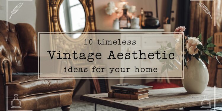Cozy vintage living room with a leather armchair, ornate mirror, flowers in a vase, and a stack of books on a wooden table. The image contains text: 10 timeless Vintage Aesthetic ideas for your home.