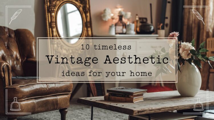 Cozy vintage living room with a leather armchair, ornate mirror, flowers in a vase, and a stack of books on a wooden table. The image contains text: 10 timeless Vintage Aesthetic ideas for your home.