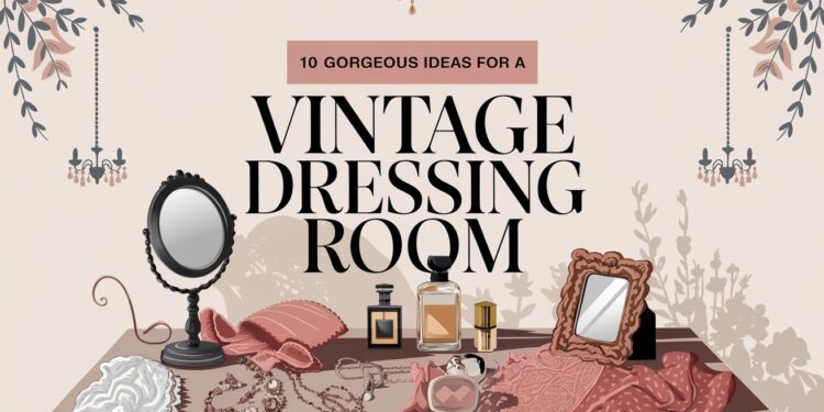 Illustration of a vintage dressing room setup, beautifully showcasing mirror, jewelry, perfume bottles, fabric, and lace on a table. Text reads 10 Gorgeous Vintage Dressing Room Ideas. Decorative elements include floral patterns and hanging lights.