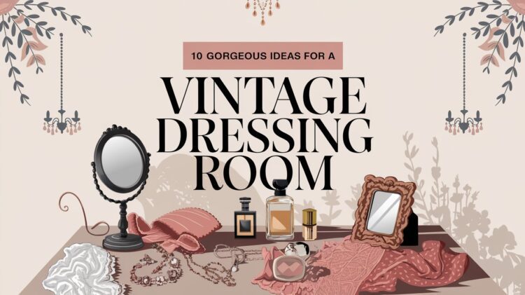 Illustration of a vintage dressing room setup, beautifully showcasing mirror, jewelry, perfume bottles, fabric, and lace on a table. Text reads 10 Gorgeous Vintage Dressing Room Ideas. Decorative elements include floral patterns and hanging lights.