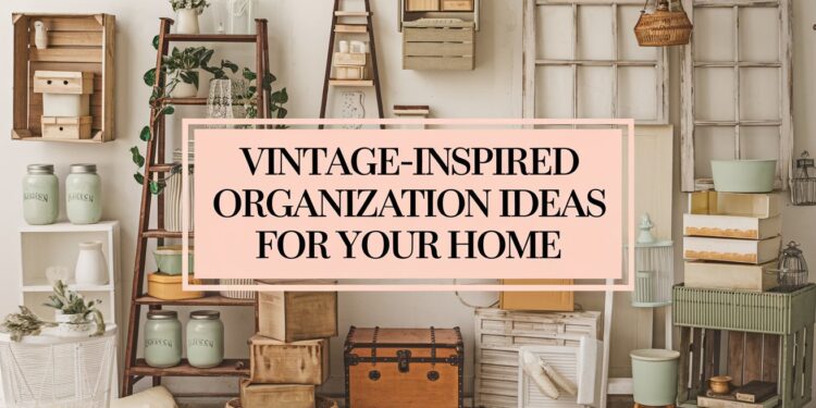 Discover a curated selection of vintage-inspired home organization items, featuring wooden crates, baskets, shelves, and storage boxes. Surrounding a sign that reads Organization Ideas for Your Home, each piece embodies timeless charm and functionality.