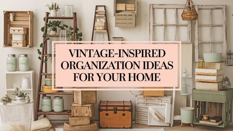 Discover a curated selection of vintage-inspired home organization items, featuring wooden crates, baskets, shelves, and storage boxes. Surrounding a sign that reads Organization Ideas for Your Home, each piece embodies timeless charm and functionality.