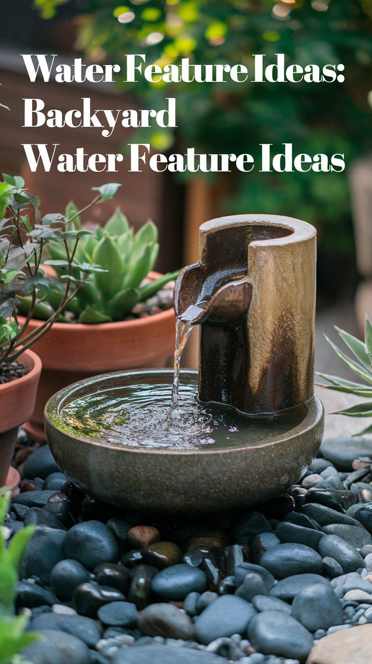 A bamboo water fountain is surrounded by smooth stones and potted succulents in a garden setting. The water flows gently into a small basin, creating a serene outdoor atmosphere. The text on the image reads: Water Feature Ideas: Backyard Water Feature Ideas.