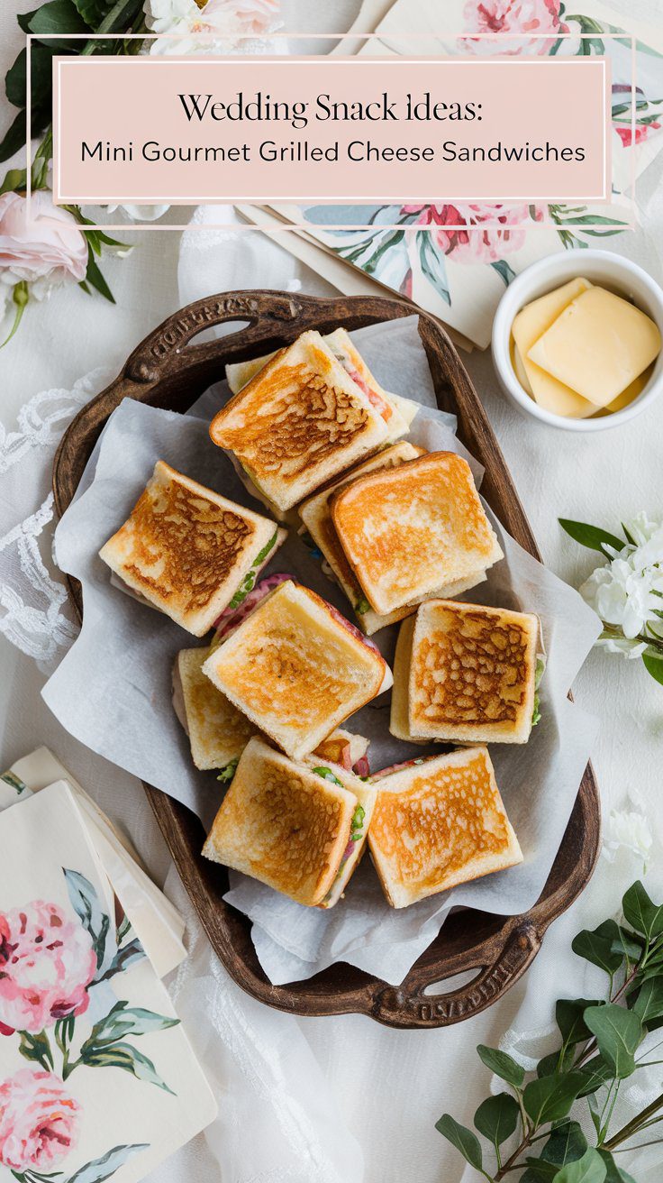 A rustic platter holds several mini gourmet grilled cheese sandwiches, placed on parchment paper. Nearby are floral napkins and a small dish of butter. Text above reads: Perfect Wedding Snacks: Mini Gourmet Grilled Cheese Sandwiches.