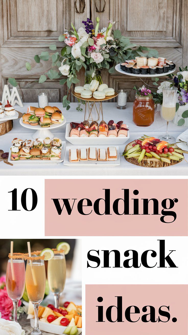 Elegant wedding snack table with a variety of finger foods, desserts, and drinks. The display includes sandwiches, macarons, fruit platters, and decorated drinks. Floral arrangements and candles add a decorative touch. Text reads 10 Perfect Wedding Snack Ideas.