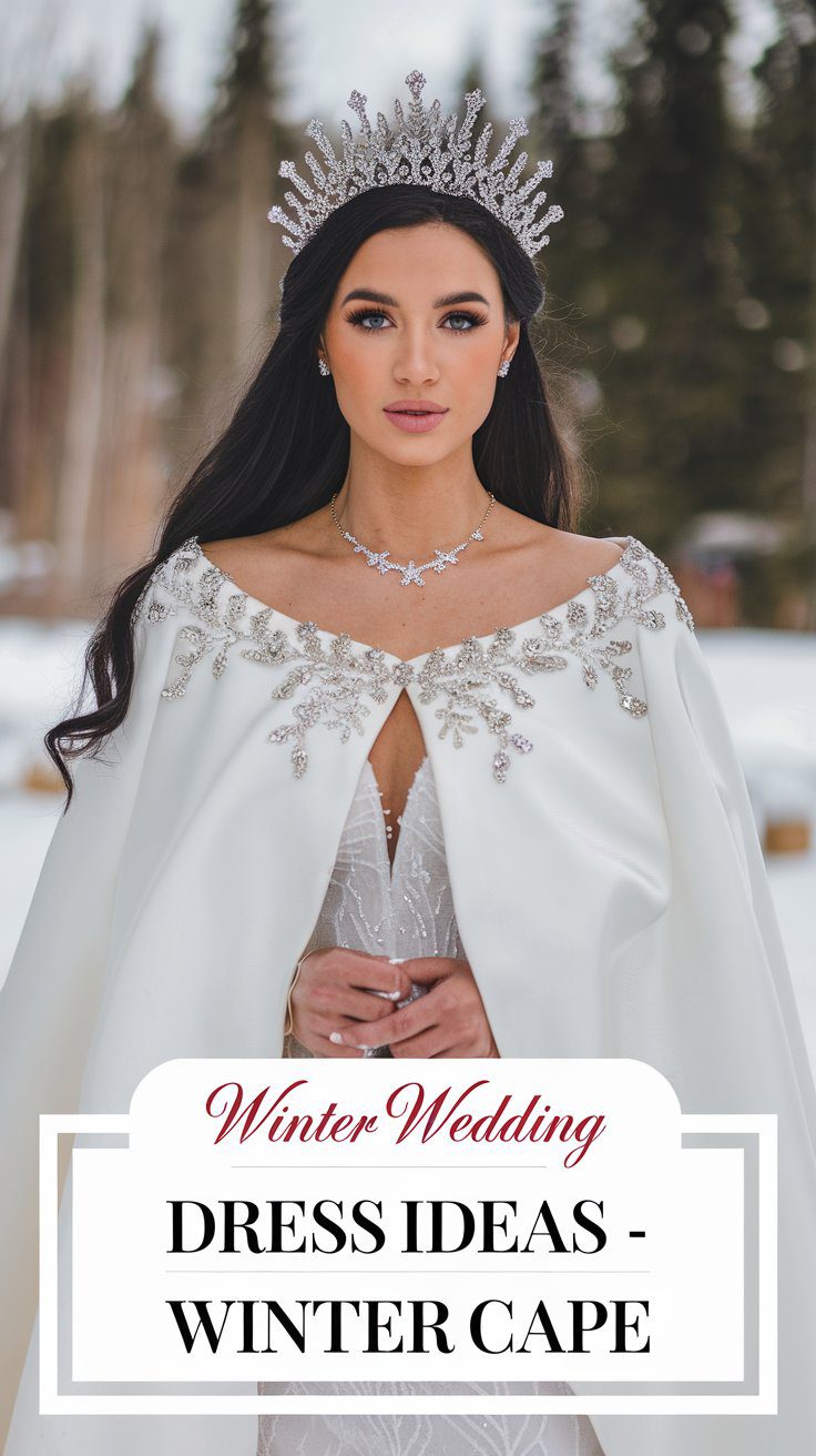 A bride stands elegantly outdoors in a snowy setting, wrapped in a warm, embellished white winter cape over her dress. She wears a jeweled crown and necklace. The text on the image reads Elegant Winter Wedding Dress Ideas - Winter Cape.
