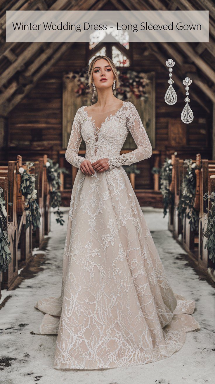 A bride in a long-sleeved, lace winter wedding dress stands in the aisle of a rustic wooden church adorned with greenery. Her gown showcases an intricate floral pattern, complemented by a pair of dangling earrings displayed nearby.