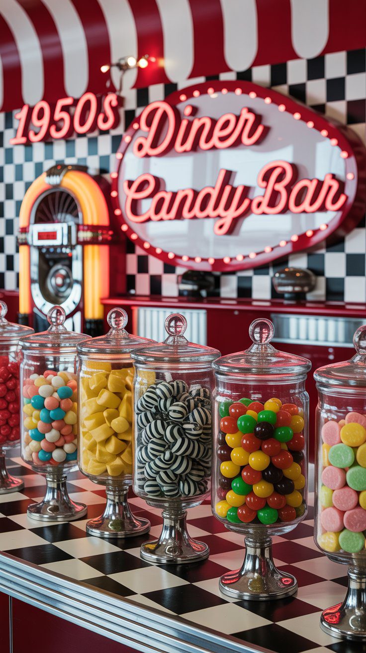 Bring back the soda shop! Create a 1950s diner candy bar with red-and-white stripes, saltwater taffy, licorice, and vintage signage. Get styling tips, a supply list, and an optional root beer float add-on. 