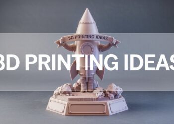 A model rocket emblazoned with 3D PRINTING IDEAS ascends against a dark backdrop, symbolizing the launch of innovative projects and the ignition of creativity in 3D printing.