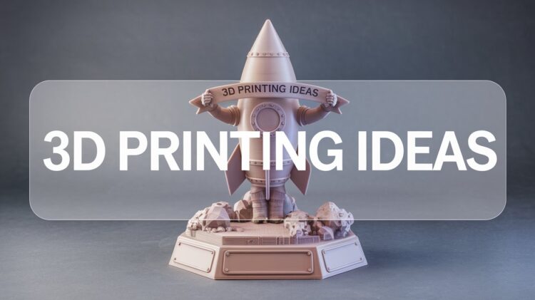 A model rocket emblazoned with 3D PRINTING IDEAS ascends against a dark backdrop, symbolizing the launch of innovative projects and the ignition of creativity in 3D printing.