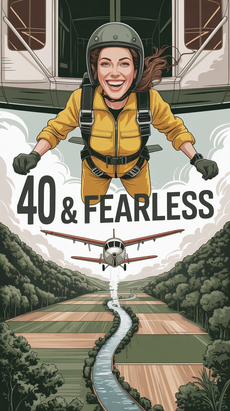 Celebrating 40 and Fearless: Woman Skydiving Adventure, Empowerment, Outdoor Exploration, Milestone Birthday Inspiration.