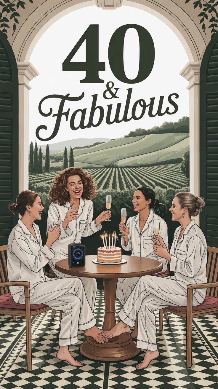 40th Birthday Pajama Party Ideas: Women Celebrating with Cake, Champagne & Vineyard View – 40 & Fabulous Inspiration.