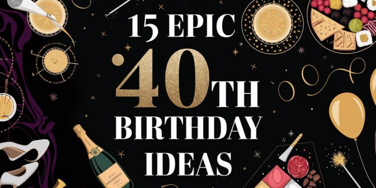 A festive image with the text 15 Epic 40th Birthday Ideas surrounded by champagne bottles, glasses, balloons, and platters of snacks and cheese on a black background with gold accents.
