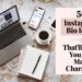 Transform your Instagram presence with our latest article, 50 Instagram Bio Ideas to Make You the Main Character. Explore creative profiles displayed on a laptop, amidst an inspiring setup featuring an open notebook, smartphone, steaming coffee, and earbuds on a sleek marble surface.