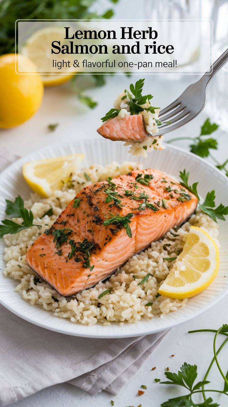 A plate of lemon herb salmon topped with parsley, served over rice. A fork holds a bite above the plate. Lemon wedges and parsley garnish this delightful rice recipe. Text at the top reads Lemon Herb Salmon and Rice, light & flavorful one-pan meal!.