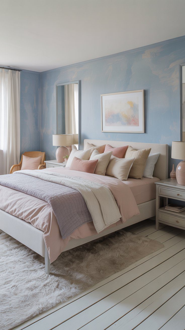Transform your space into a tranquil retreat: soft blue walls, pastel bedding, plush rug, beige chair, and airy sheer curtains.