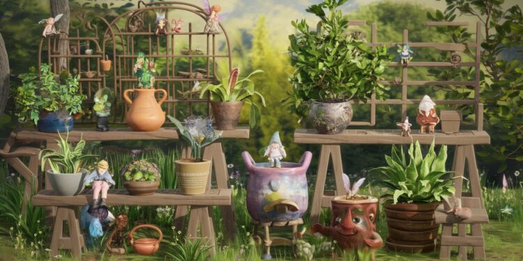 A whimsical garden scene featuring plants in various pots on wooden shelves. Some pots have faces, and small fairy-tale creatures like gnomes and fairies are scattered around. The background shows lush greenery and a bright sky.