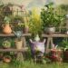 A whimsical garden scene featuring plants in various pots on wooden shelves. Some pots have faces, and small fairy-tale creatures like gnomes and fairies are scattered around. The background shows lush greenery and a bright sky.