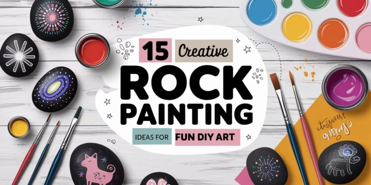 A colorful assortment of painted rocks with various designs, surrounded by art supplies like paints, brushes, and markers. The text reads 15 Creative Rock Painting Ideas for Fun DIY Art.