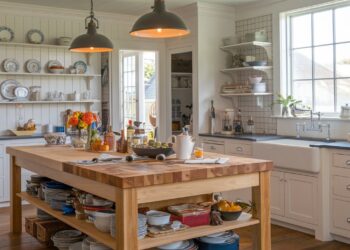 A bright, rustic kitchen with a large wooden island holding dishware, flowers, and food. Open shelves display plates and bowls. Pendant lights hang above, and a farmhouse sink is beneath a large window. Double doors open to the outside.