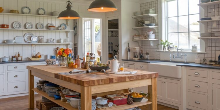 A bright, rustic kitchen with a large wooden island holding dishware, flowers, and food. Open shelves display plates and bowls. Pendant lights hang above, and a farmhouse sink is beneath a large window. Double doors open to the outside.